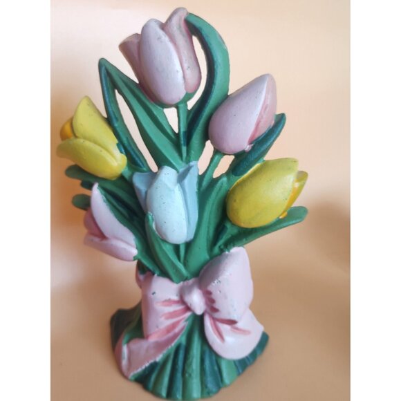 Hand Painted Brass Doorstop Tulips 9 1/2" Tall x 7 1/2" wide - Picture 3 of 10